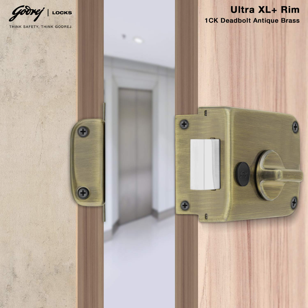 Godrej Rim Lock l 1CK Deadbolt I For Home Main Door I for Outside Opening Main & Safety Door I Left Right Handed Doors I Manual Locking I 4 Keys l Antique Brass Finish l 5 Year Warranty